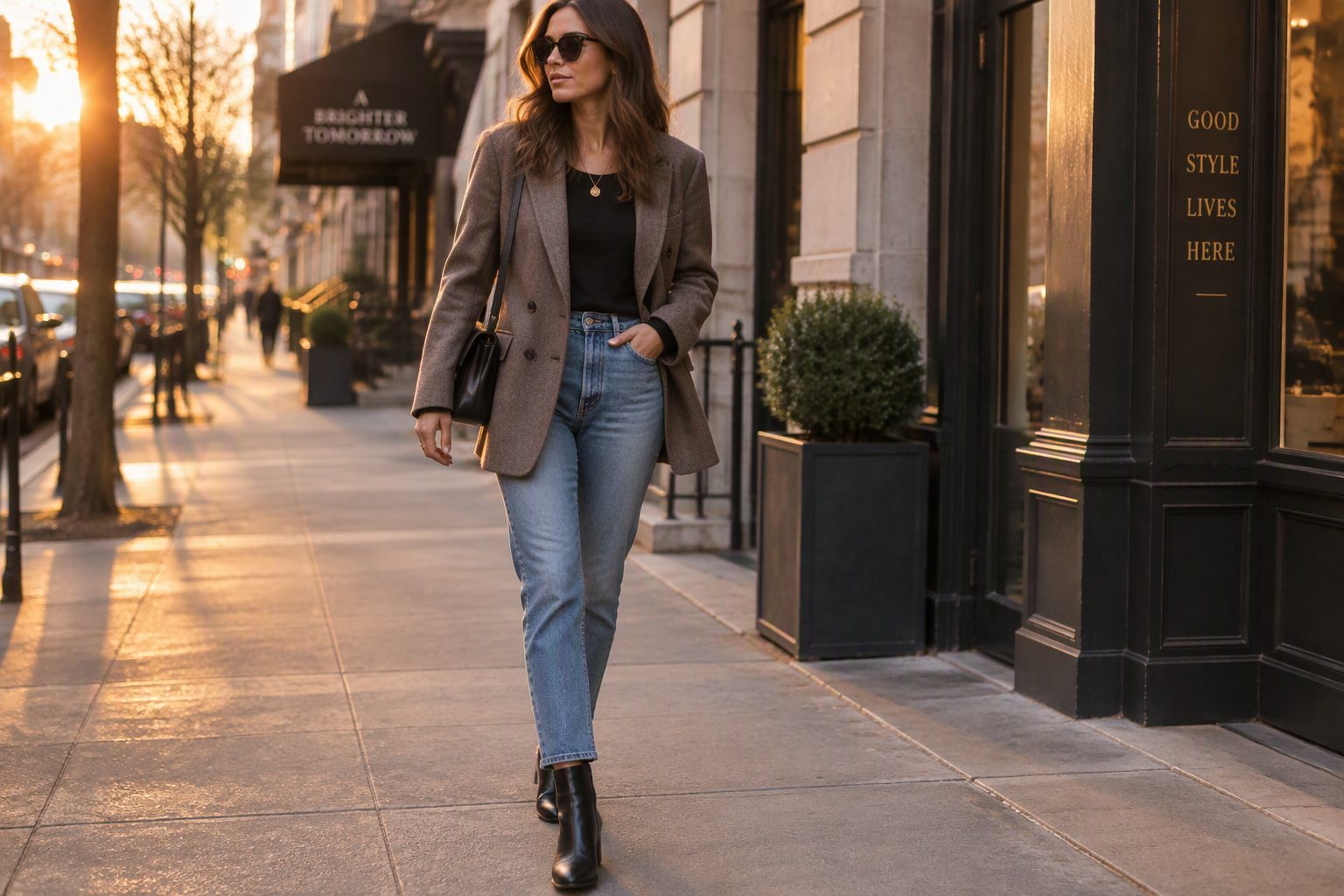 A woman wearing an oversized wool blazer with jeans and heels in a city setting