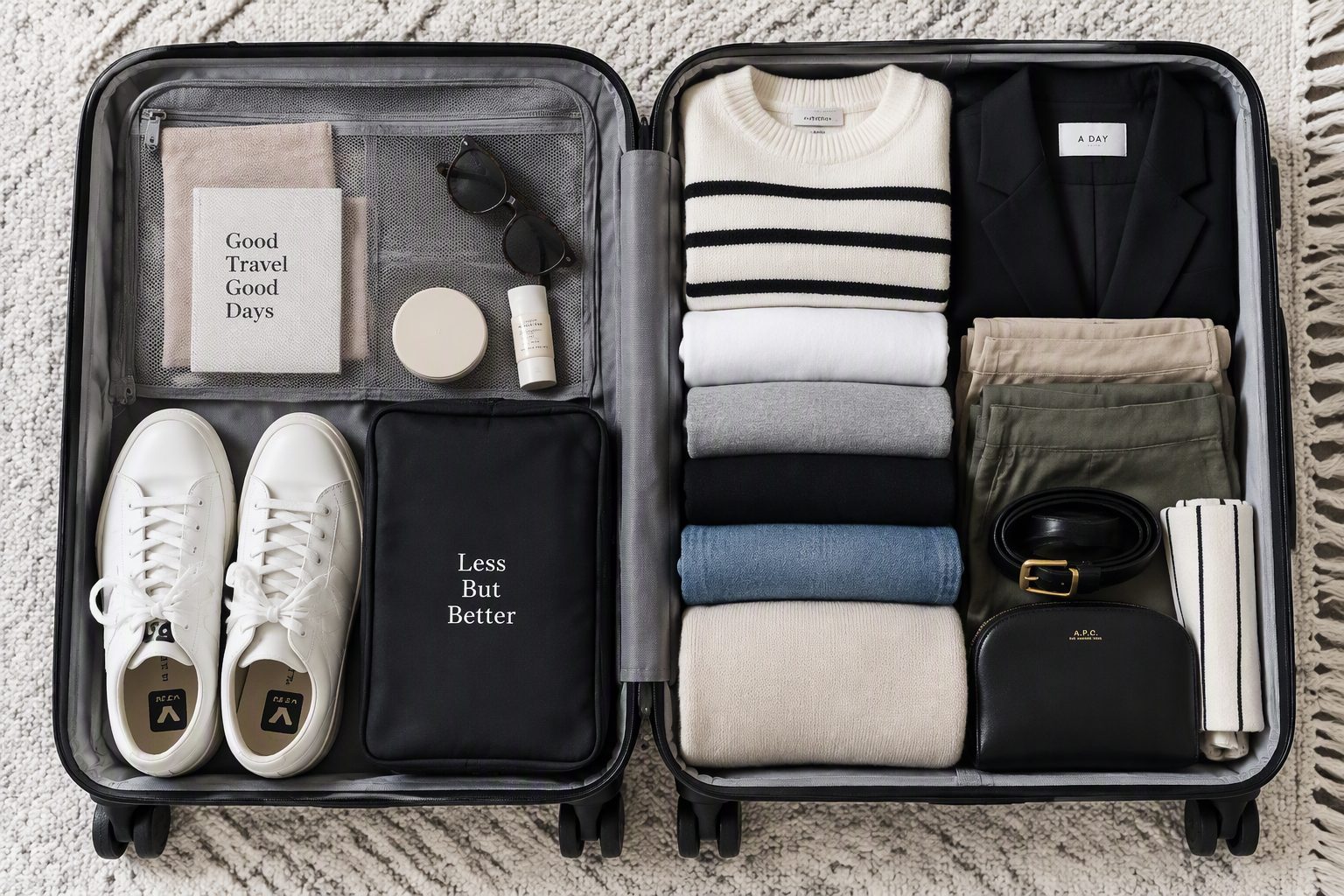 A neatly packed carry-on suitcase with a capsule wardrobe for a weekend trip
